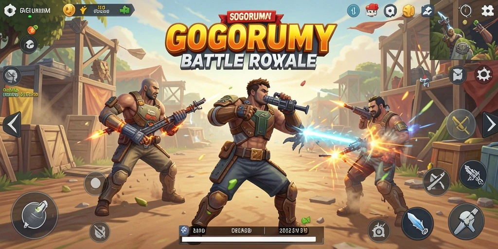 Screenshot gameplay GOGORUMMY menampilkan aksi seru di arena Battle Royale.