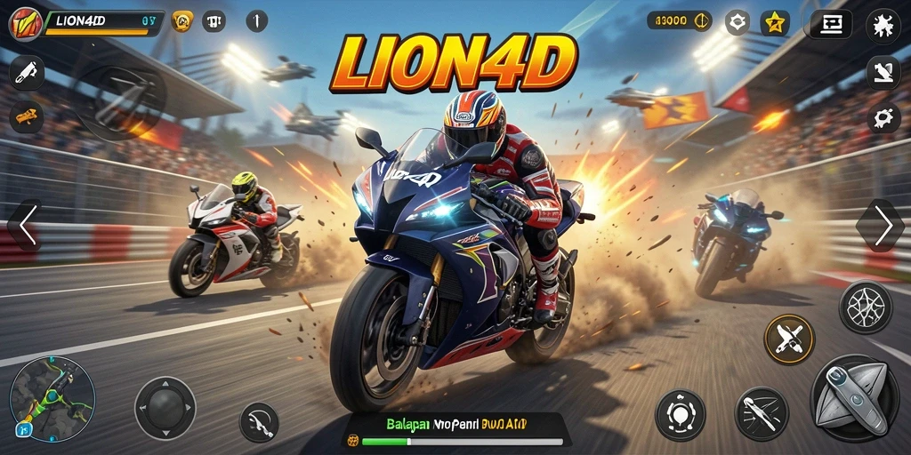 Tampilan gameplay LION4D menampilkan balapan motor yang cepat dan mendebarkan.