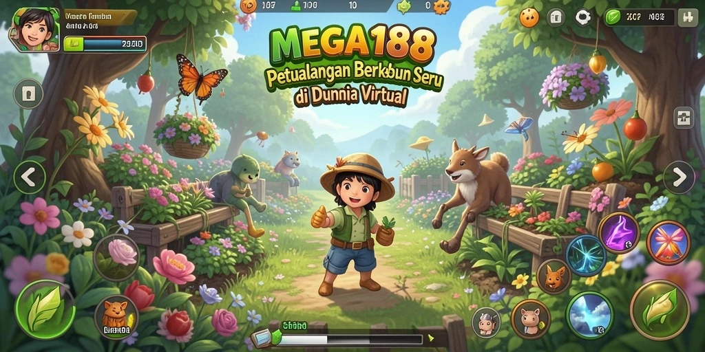 Screenshot gameplay MEGA188 menampilkan lahan pertanian yang subur dan penuh warna.