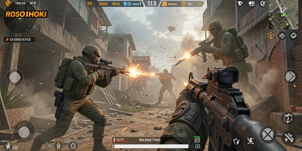 Screenshot ROSOHOKI menampilkan aksi tembak-menembak yang intens di dalam game.
